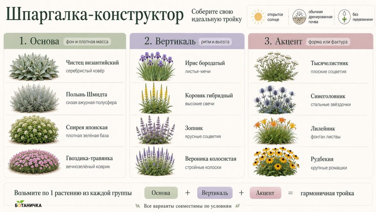 Цветник из трёх растений: готовые схемы, которые выглядят безупречно Цветник из трёх растений: готовые схемы, которые выглядят безупречно
